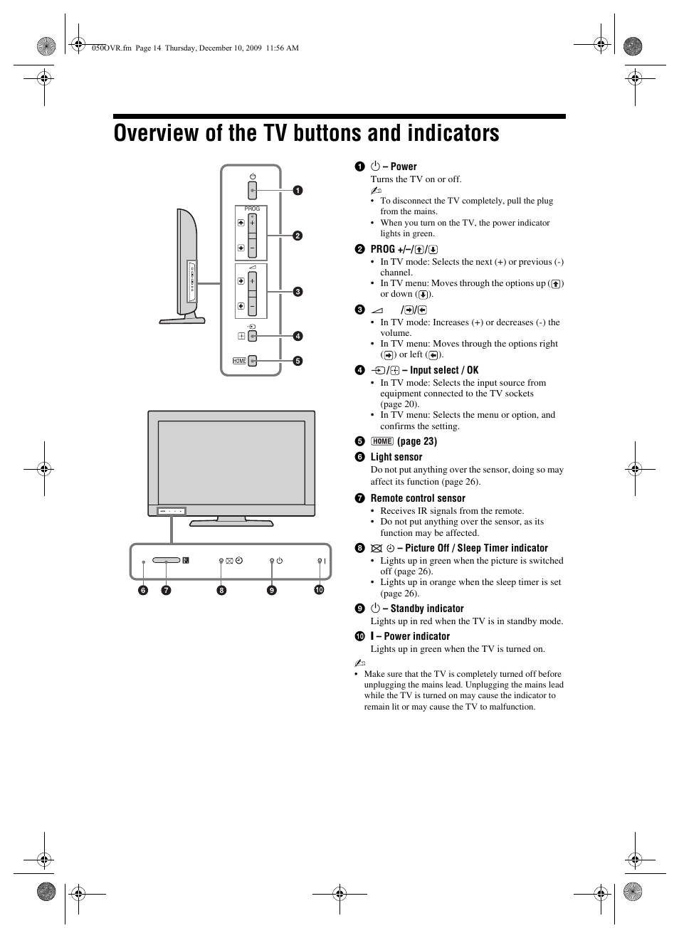 Overview of the tv buttons and indicators | Sony BRAVIA KDL-32EX3xx User Manual | Page 14 / 39