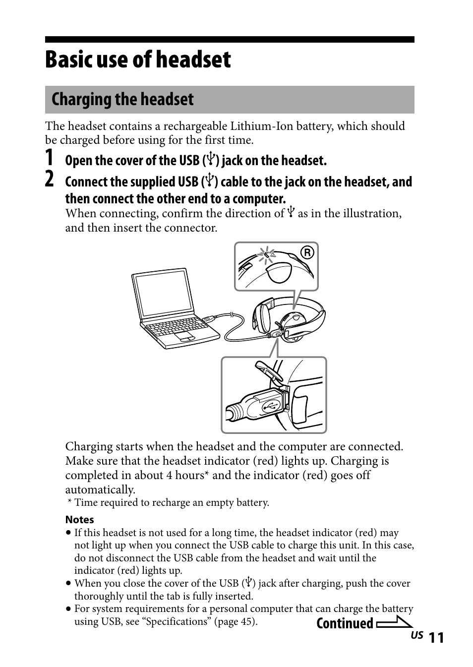 Basic use of headset, Charging the headset, Basic.use.of.headset | Sony DR-BT101IK User Manual | Page 11 / 92