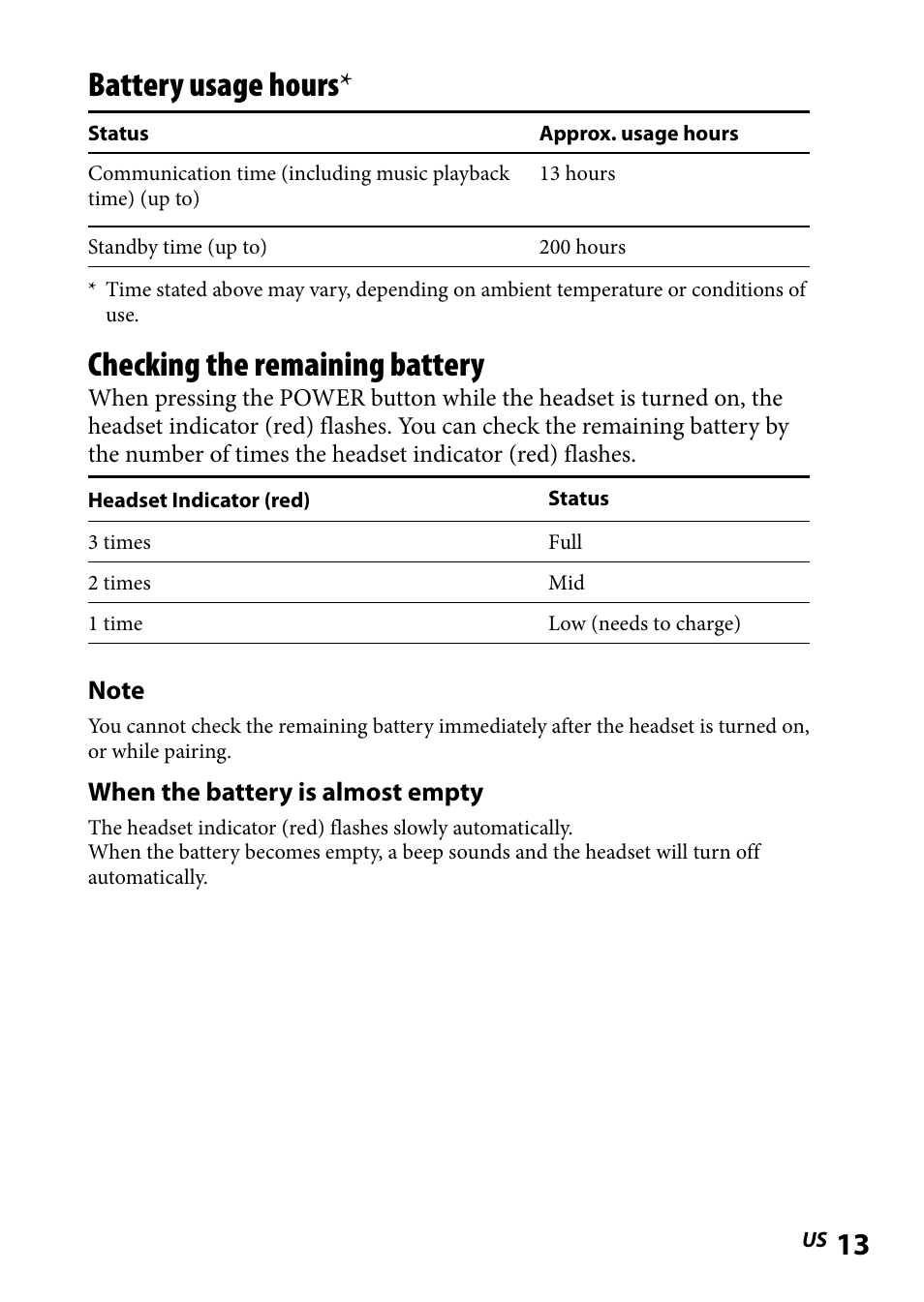 Battery usage hours, Checking the remaining battery | Sony DR-BT101IK User Manual | Page 13 / 92