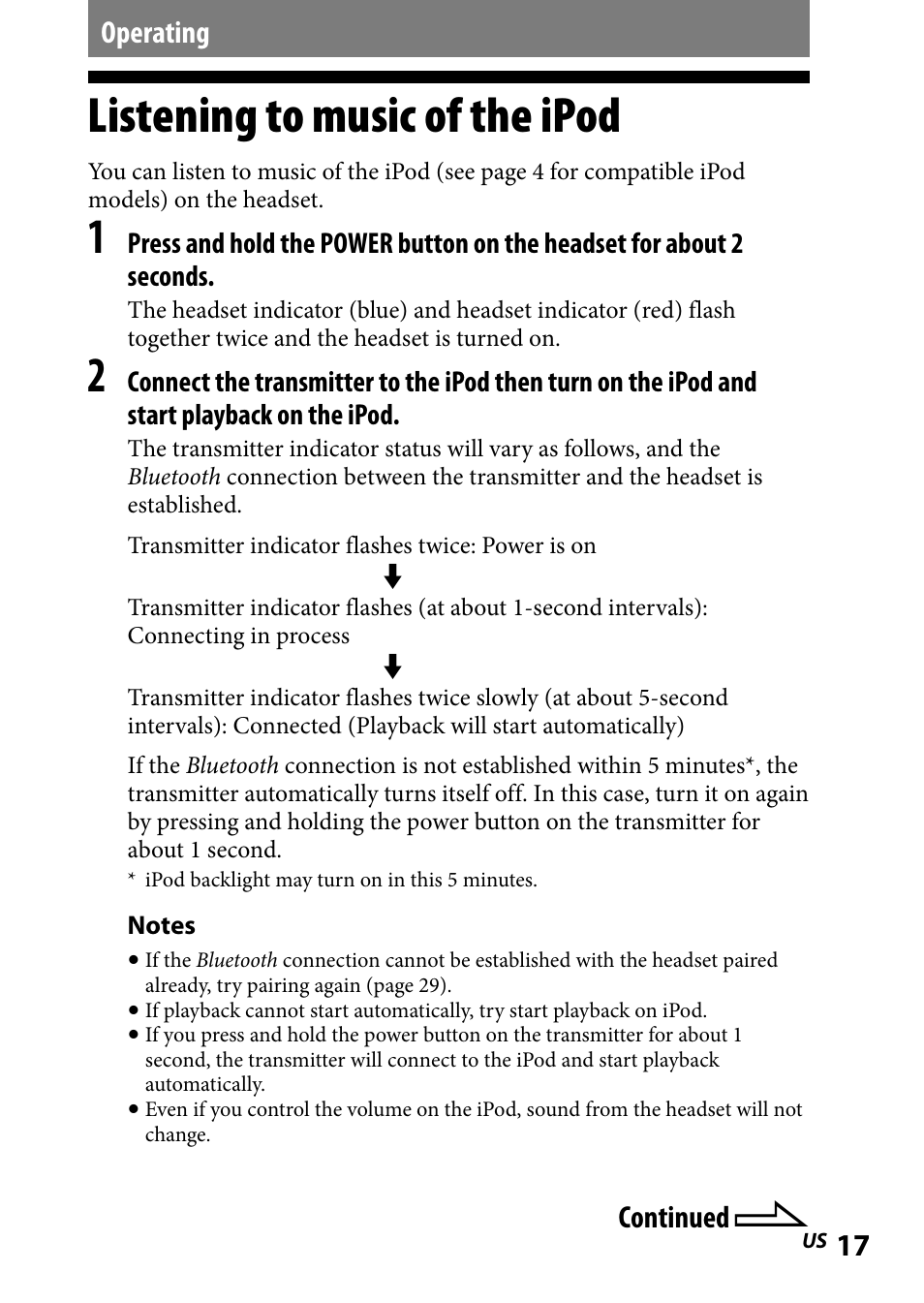 Operating, Listening to music of the ipod, Listening.to.music.of.the | Ipod | Sony DR-BT101IK User Manual | Page 17 / 92
