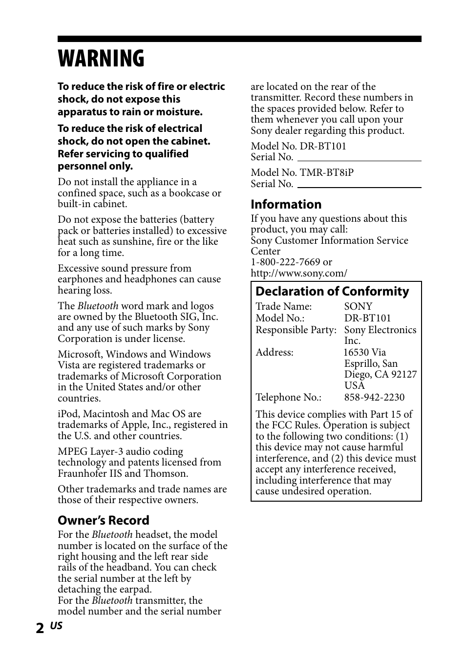Warning | Sony DR-BT101IK User Manual | Page 2 / 92