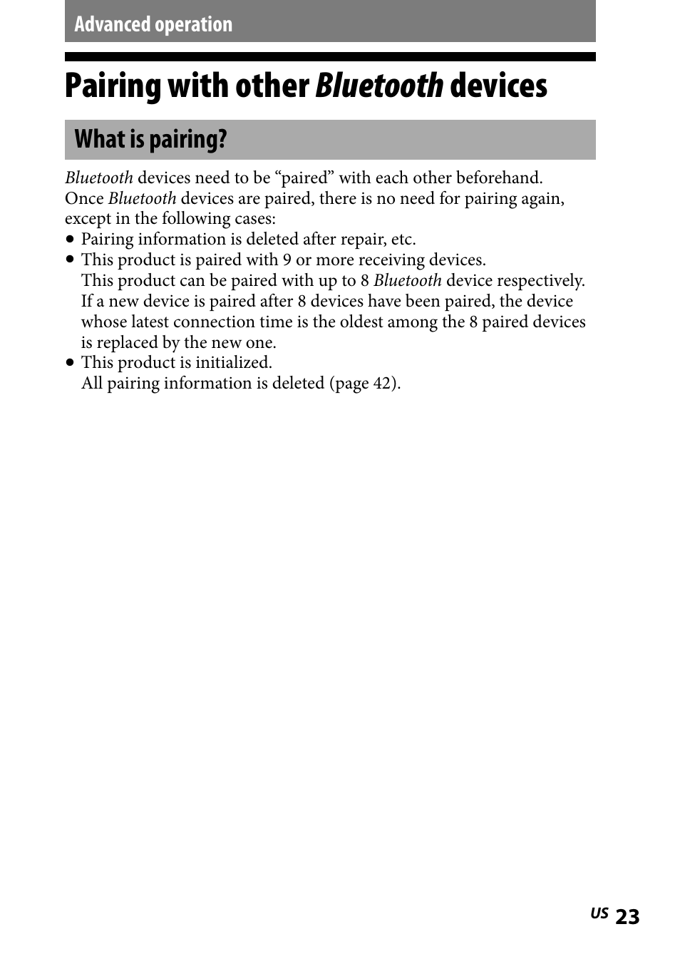 Advanced operation, Pairing with other bluetooth devices, What is pairing | Pairing.with.other. bluetooth, Devices | Sony DR-BT101IK User Manual | Page 23 / 92