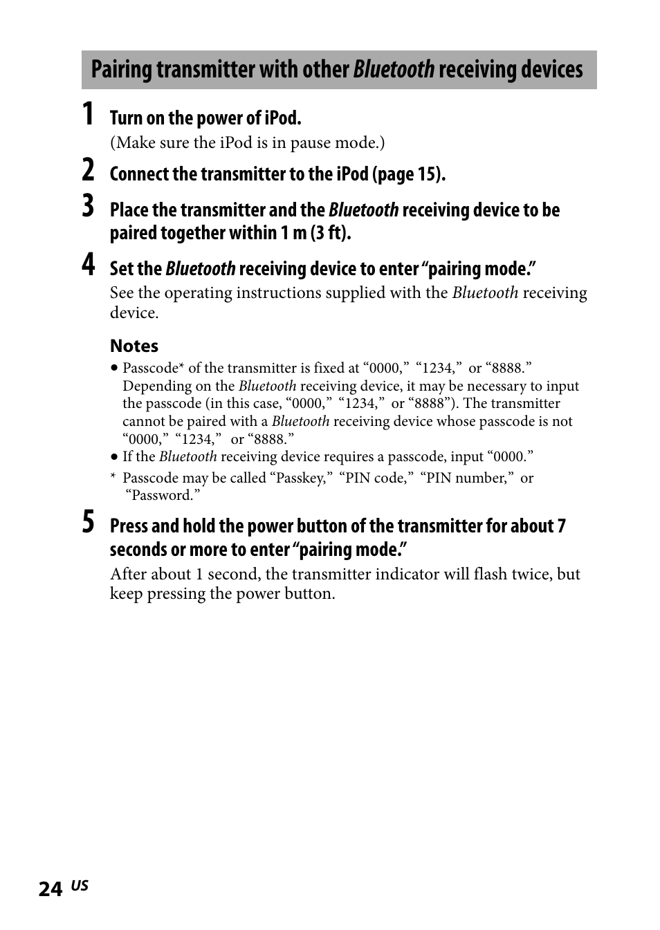 Pairing transmitter with other, Bluetooth receiving devices | Sony DR-BT101IK User Manual | Page 24 / 92