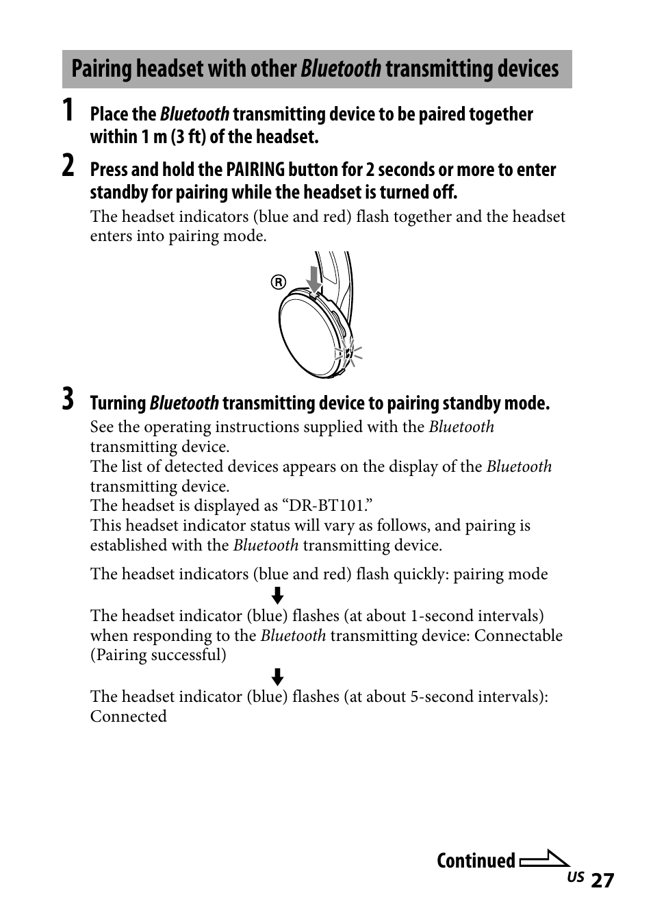 Pairing headset with other, Bluetooth transmitting, Devices | Sony DR-BT101IK User Manual | Page 27 / 92