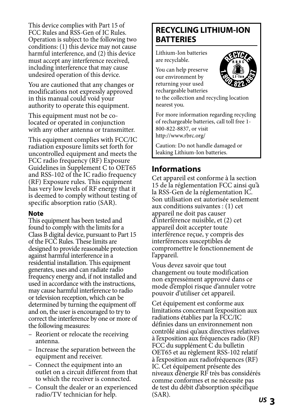 Recycling lithium-ion batteries, Informations | Sony DR-BT101IK User Manual | Page 3 / 92