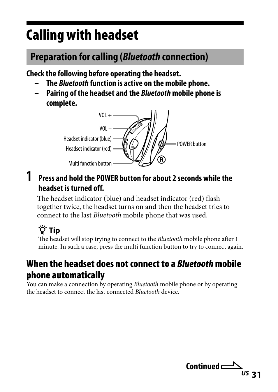 Calling with headset, Preparation for calling (bluetooth connection), Calling.with.headset | Preparation for calling, Bluetooth connection), Preparation for calling ( bluetooth connection) | Sony DR-BT101IK User Manual | Page 31 / 92