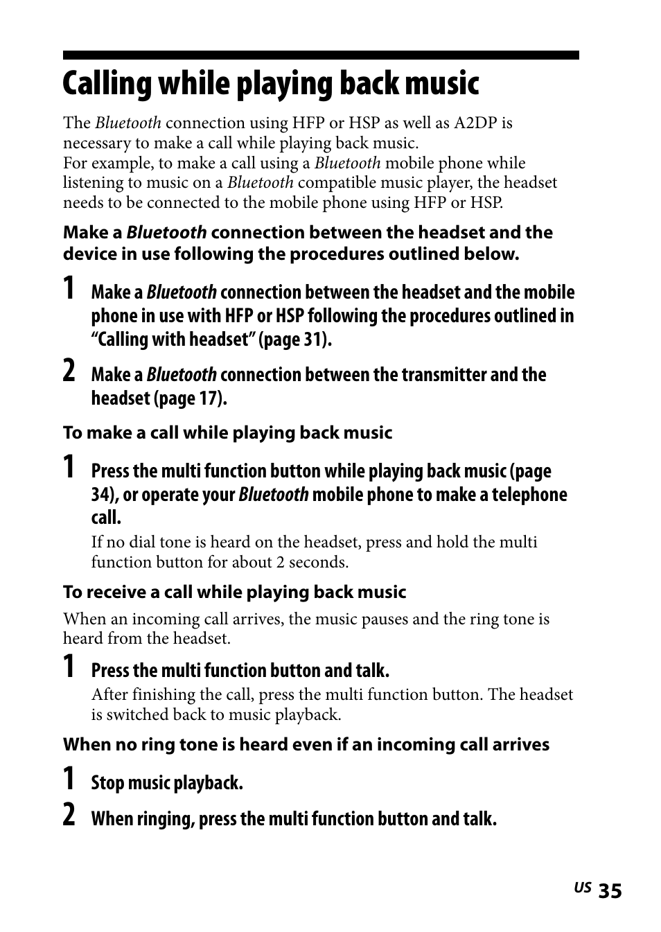 Calling while playing back music, Calling.while.playing.back, Music | Sony DR-BT101IK User Manual | Page 35 / 92