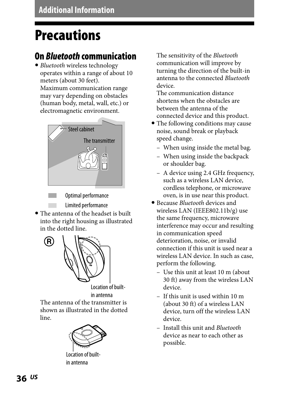 Additional information, Precautions, On bluetooth communication | Sony DR-BT101IK User Manual | Page 36 / 92