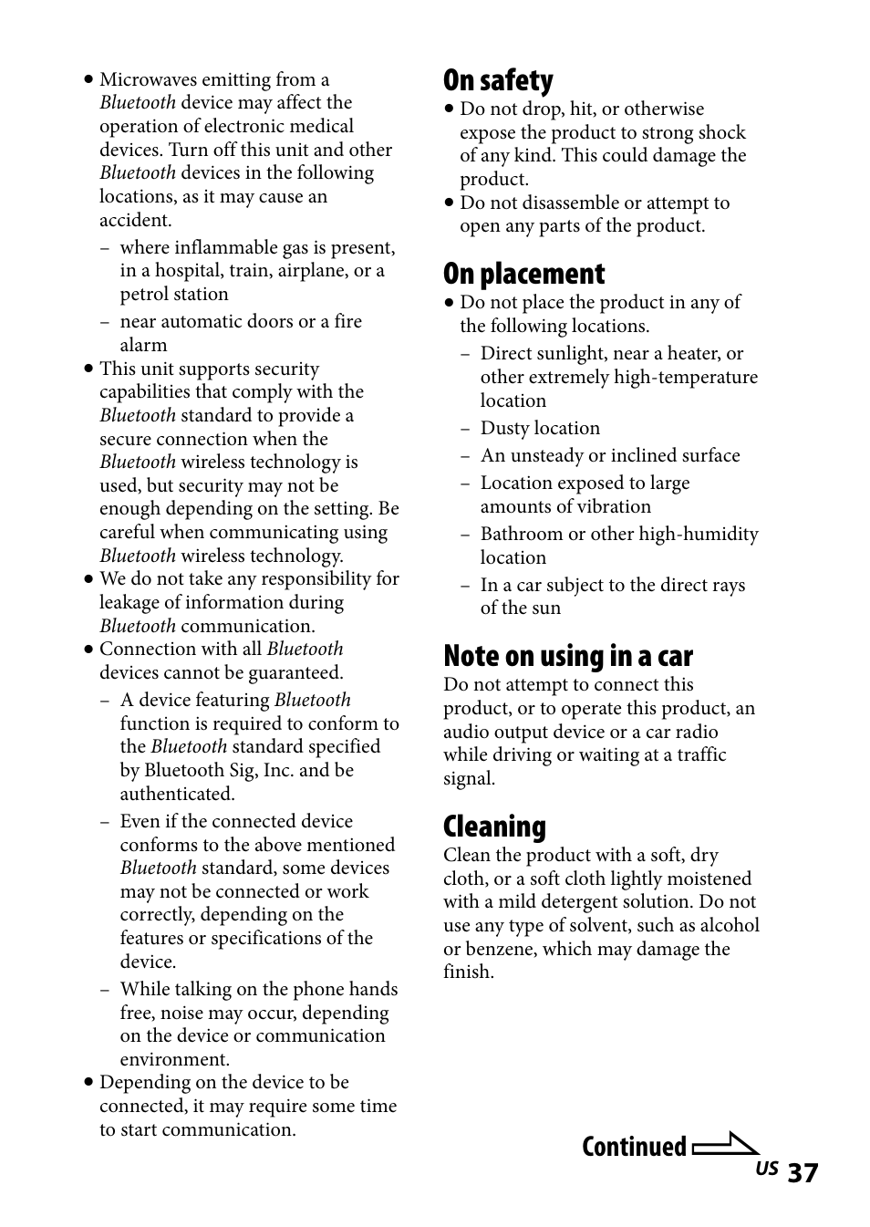 On safety, On placement, Cleaning | Continued | Sony DR-BT101IK User Manual | Page 37 / 92