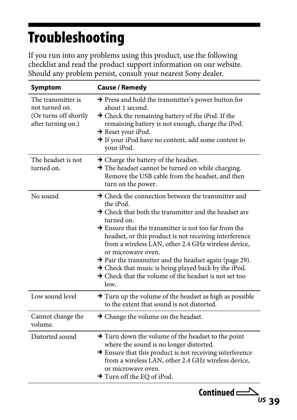 Troubleshooting, Continued | Sony DR-BT101IK User Manual | Page 39 / 92