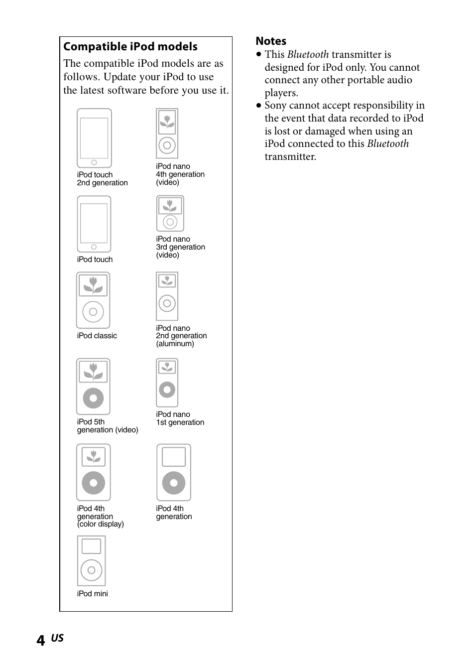 Compatible ipod models | Sony DR-BT101IK User Manual | Page 4 / 92