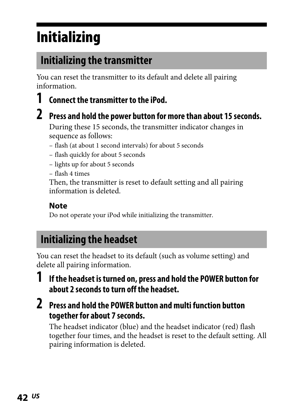 Initializing, Initializing the transmitter, Initializing the headset | Sony DR-BT101IK User Manual | Page 42 / 92