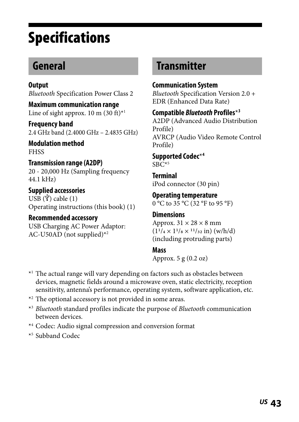Specifications, General, Transmitter | General transmitter | Sony DR-BT101IK User Manual | Page 43 / 92