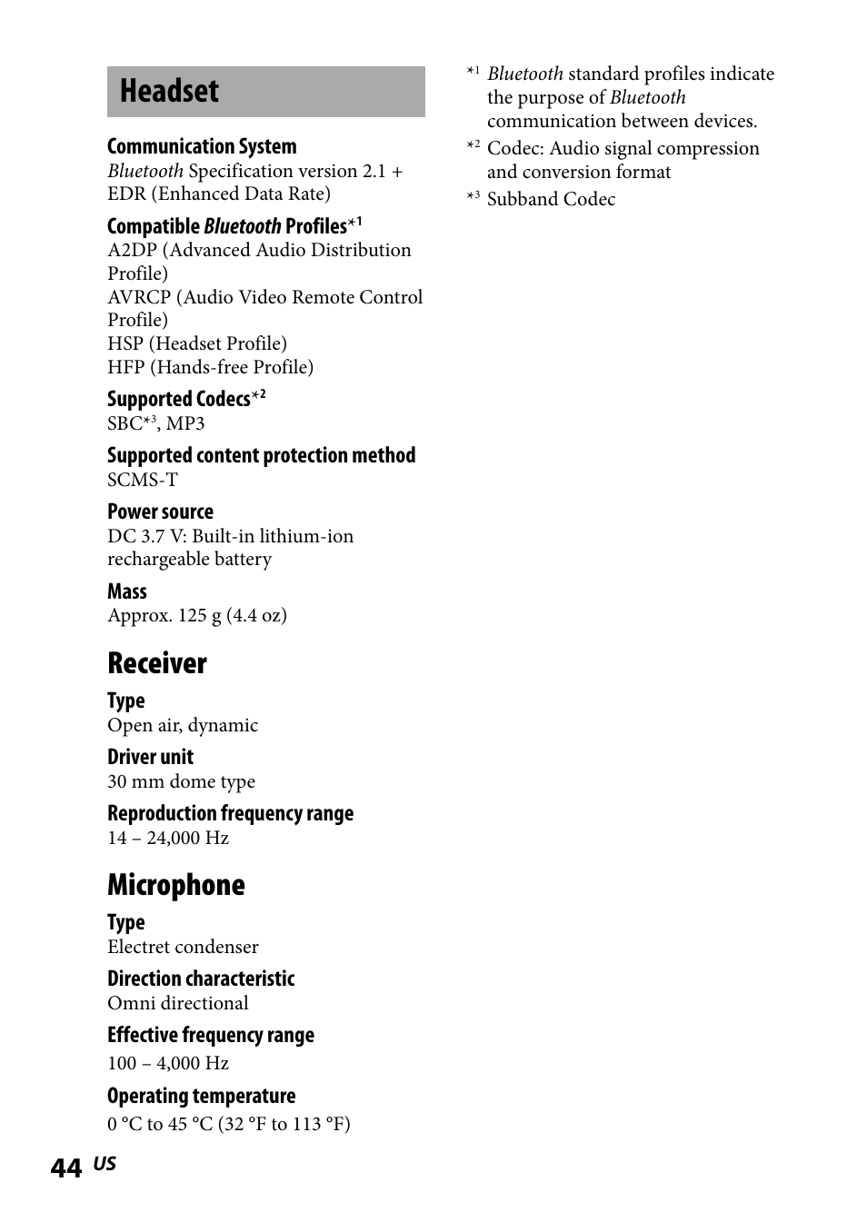 Headset, Receiver, Microphone | Sony DR-BT101IK User Manual | Page 44 / 92