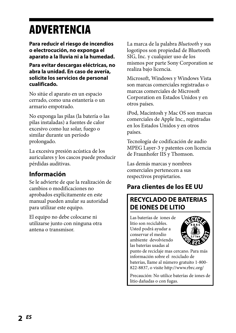 Advertencia | Sony DR-BT101IK User Manual | Page 46 / 92