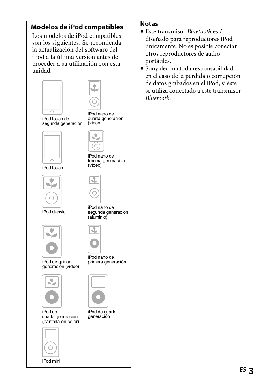 Modelos de ipod compatibles, Notas | Sony DR-BT101IK User Manual | Page 47 / 92