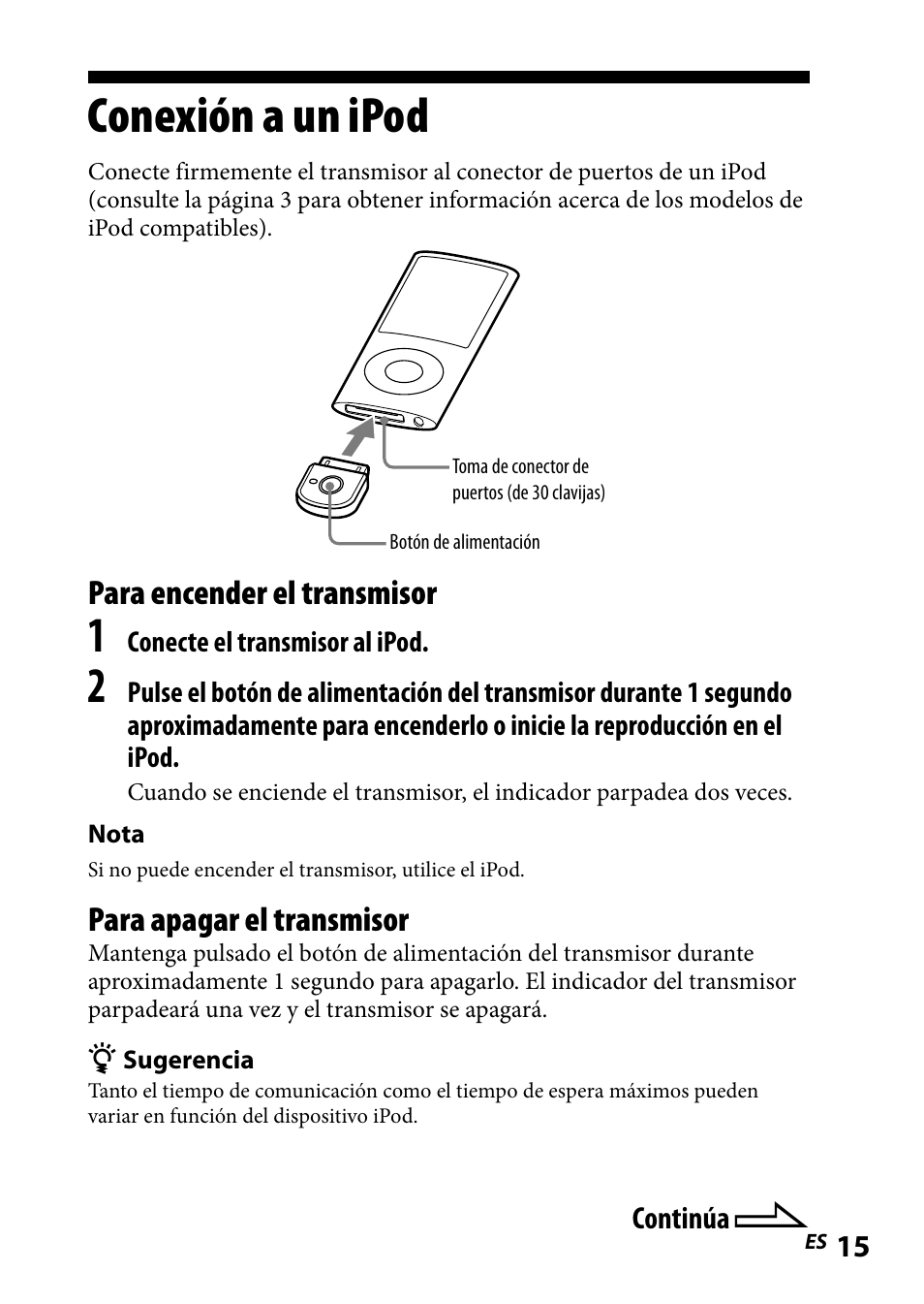 Conexión a un ipod, Conexión.a.un.ipod, Para encender el transmisor | Para apagar el transmisor | Sony DR-BT101IK User Manual | Page 59 / 92