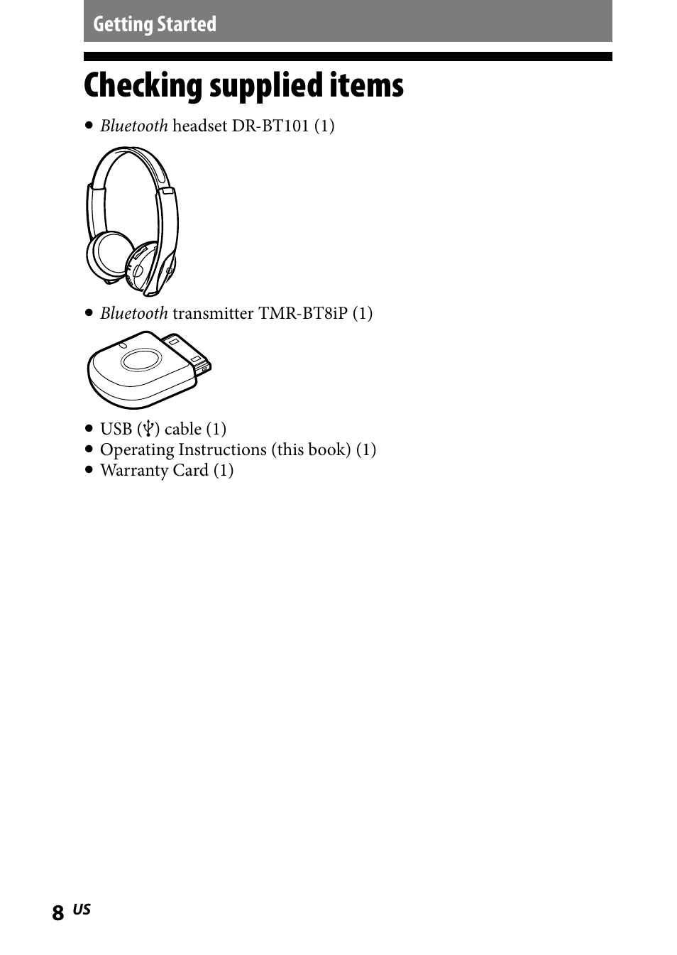 Getting started, Checking supplied items, Checking.supplied.items | Sony DR-BT101IK User Manual | Page 8 / 92