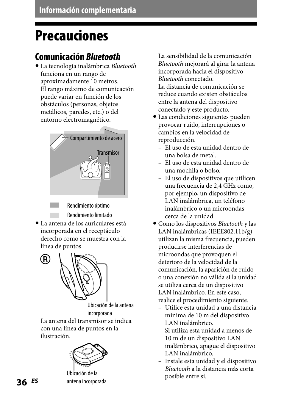 Información complementaria, Precauciones, Comunicación bluetooth | Sony DR-BT101IK User Manual | Page 80 / 92