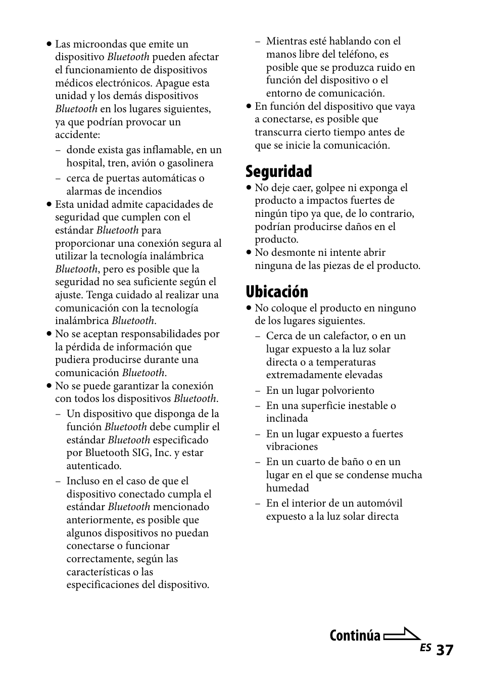 Seguridad, Ubicación, Continúa | Sony DR-BT101IK User Manual | Page 81 / 92