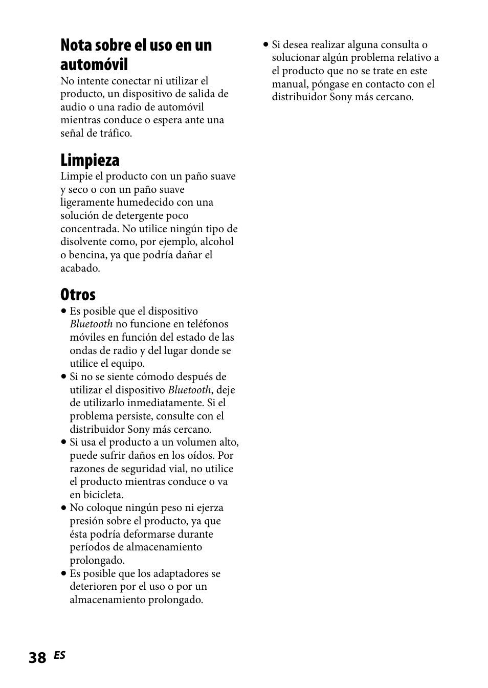 Nota sobre el uso en un automóvil, Limpieza, Otros | Sony DR-BT101IK User Manual | Page 82 / 92