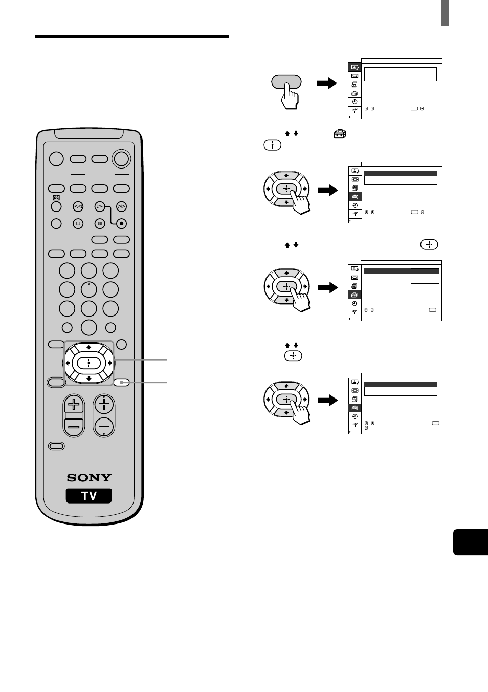 2 - 4 1, 5 selecting the on-screen menu language, Press menu, Press v/v to select (initial setup), then press | Press v/v to select “language,” then press, Press menu to exit the menu screen | Sony WEGA KZ 42TS1 User Manual | Page 19 / 176