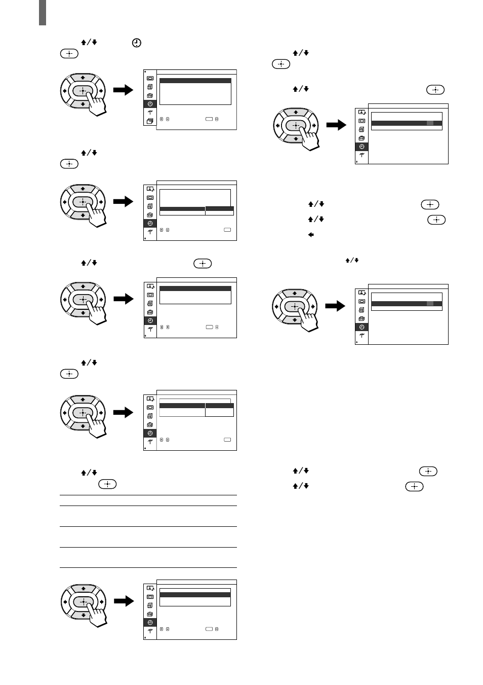 Press v/v to select (timer/clock), then press, Press v/v to select “on/off timer,” then press, Press v/v to select “on,” then press | Press v/v to select “timer mode,” then press, Press v/v to select “repeat,” then press | Sony WEGA KZ 42TS1 User Manual | Page 54 / 176