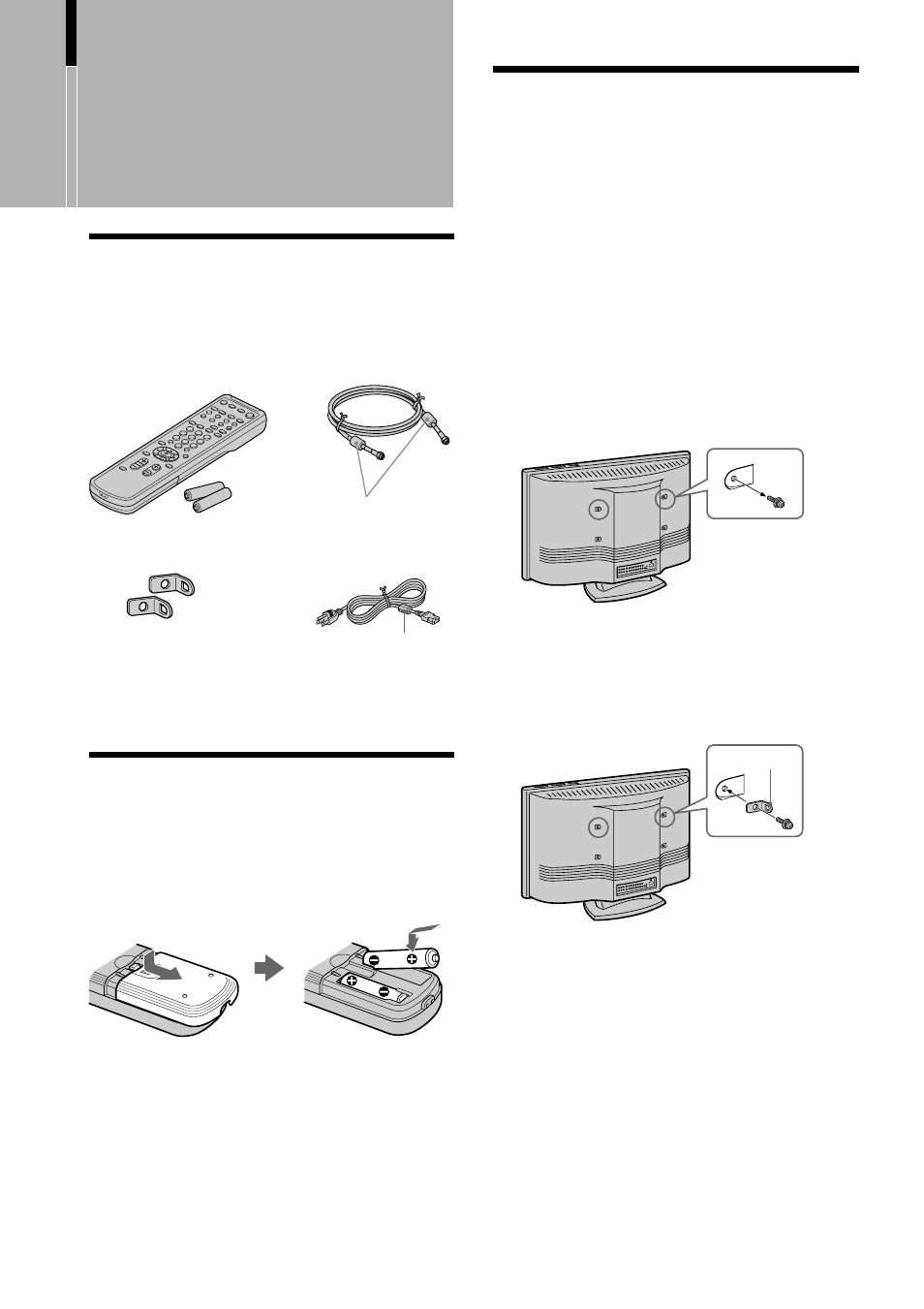 Installation et raccordement du téléviseur, Prévention des chutes du téléviseur, Déballage | Insertion des piles dans la télécommande | Sony WEGA KZ 42TS1 User Manual | Page 62 / 176