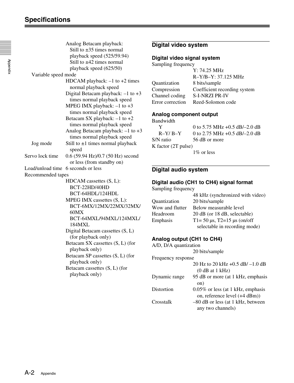 Specifications | Sony HDW-M2000 User Manual | Page 134 / 142