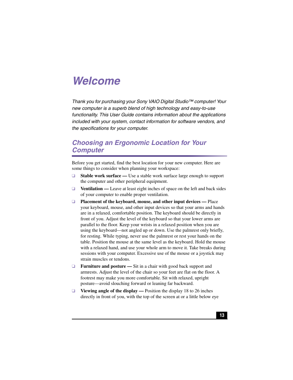 Welcome, Choosing an ergonomic location for your computer | Sony PCV-RX370DS User Manual | Page 13 / 100