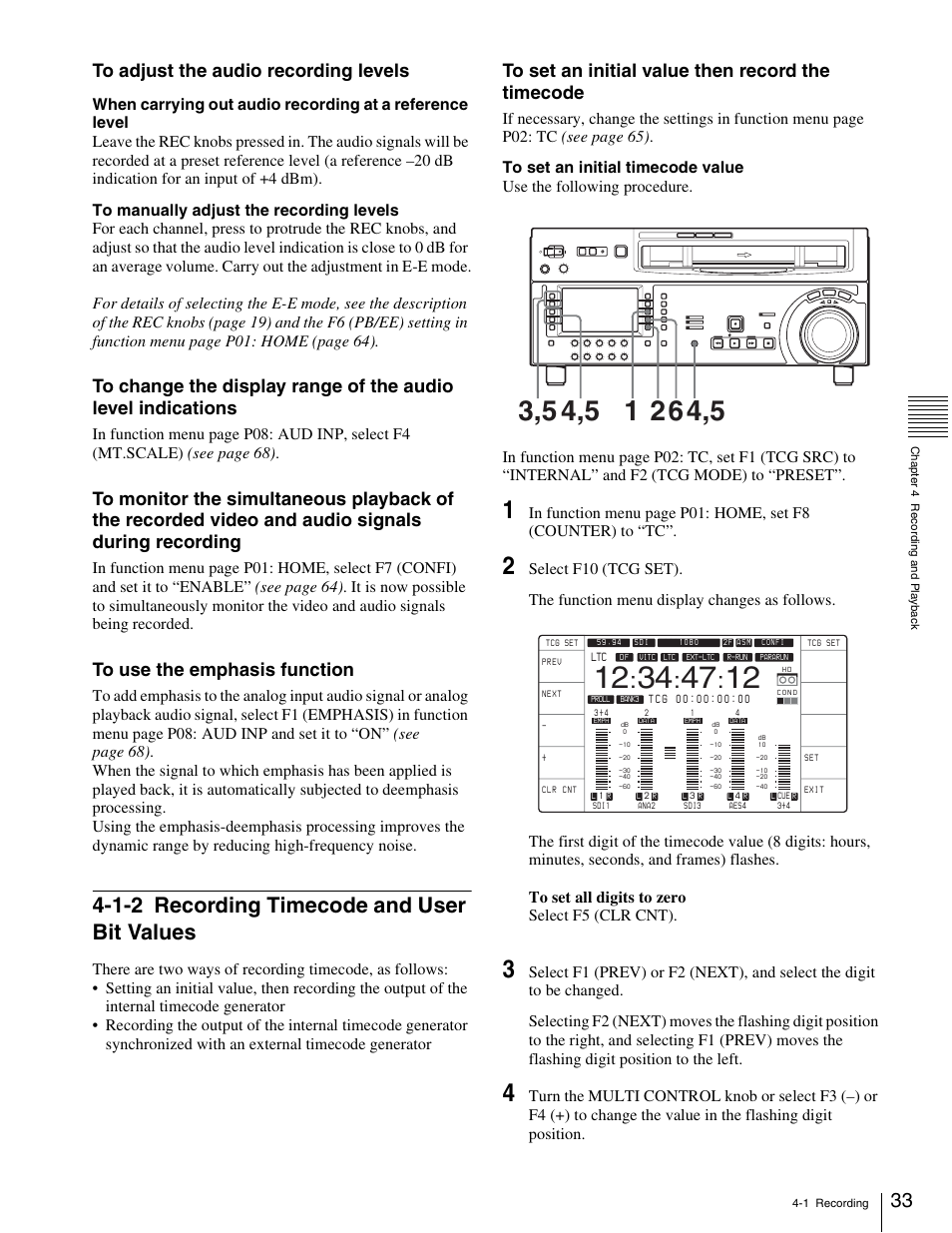 1-2 recording timecode and user bit values, 1-2 recording timecode and user bit, Values | Sony HDW-1800 User Manual | Page 33 / 119