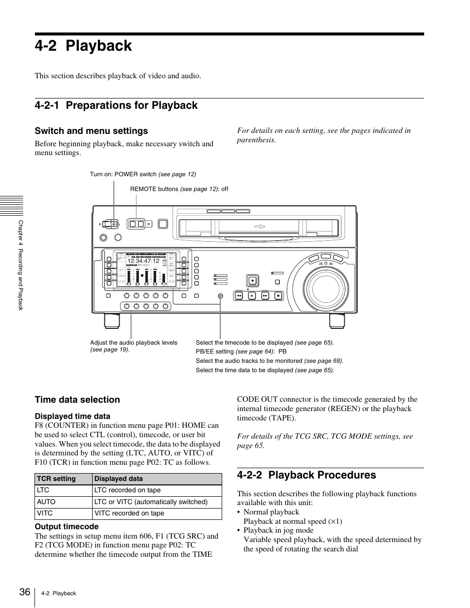 2 playback, 2-1 preparations for playback, 2-2 playback procedures | Switch and menu settings, Time data selection | Sony HDW-1800 User Manual | Page 36 / 119