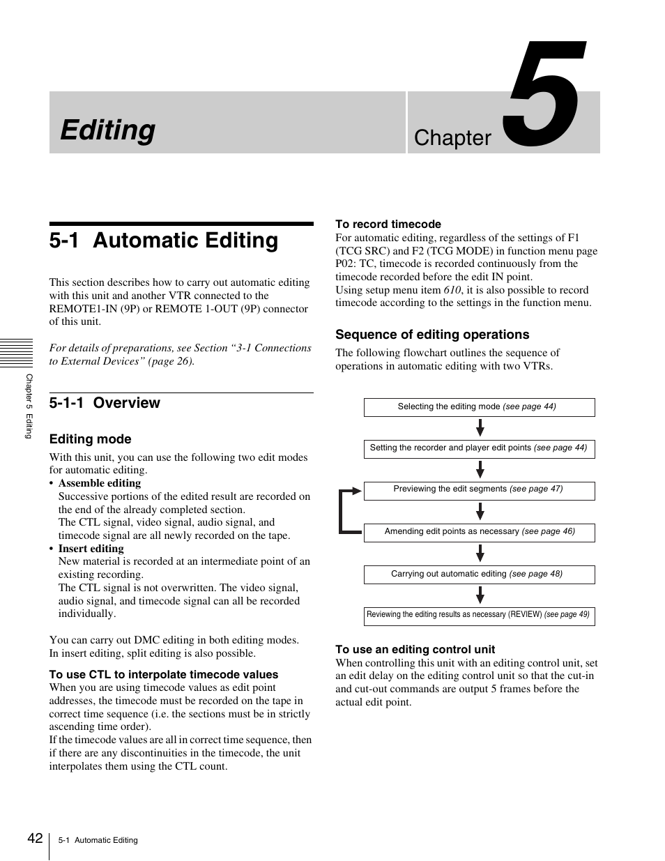 Chapter 5 editing, 1 automatic editing, 1-1 overview | Editing, Chapter | Sony HDW-1800 User Manual | Page 42 / 119