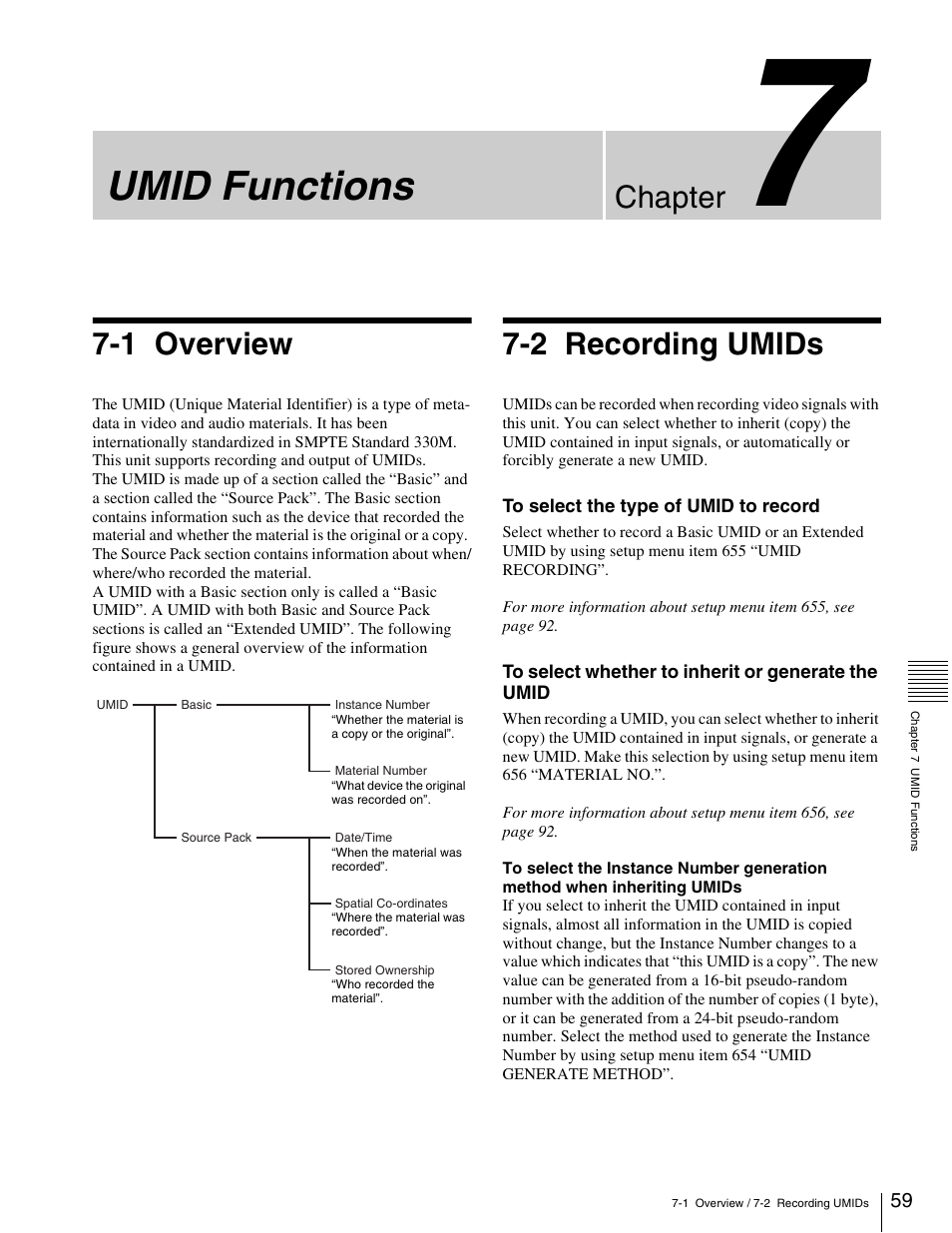 Chapter 7 umid functions, 1 overview, 2 recording umids | 1 overview 7-2 recording umids, Umid functions, Chapter | Sony HDW-1800 User Manual | Page 59 / 119