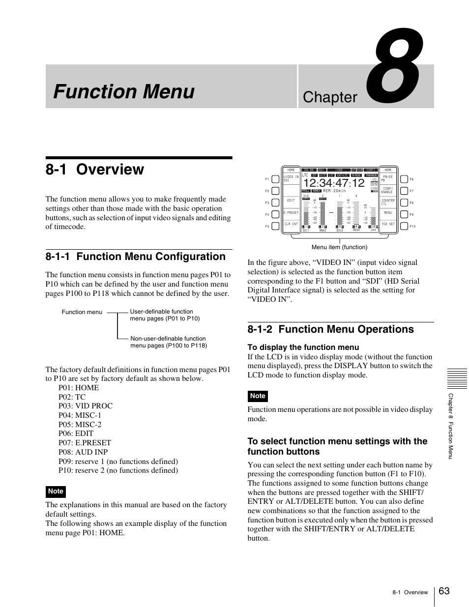 Chapter 8 function menu, 1 overview, 1-1 function menu configuration | 1-2 function menu operations, Function menu, Chapter | Sony HDW-1800 User Manual | Page 63 / 119