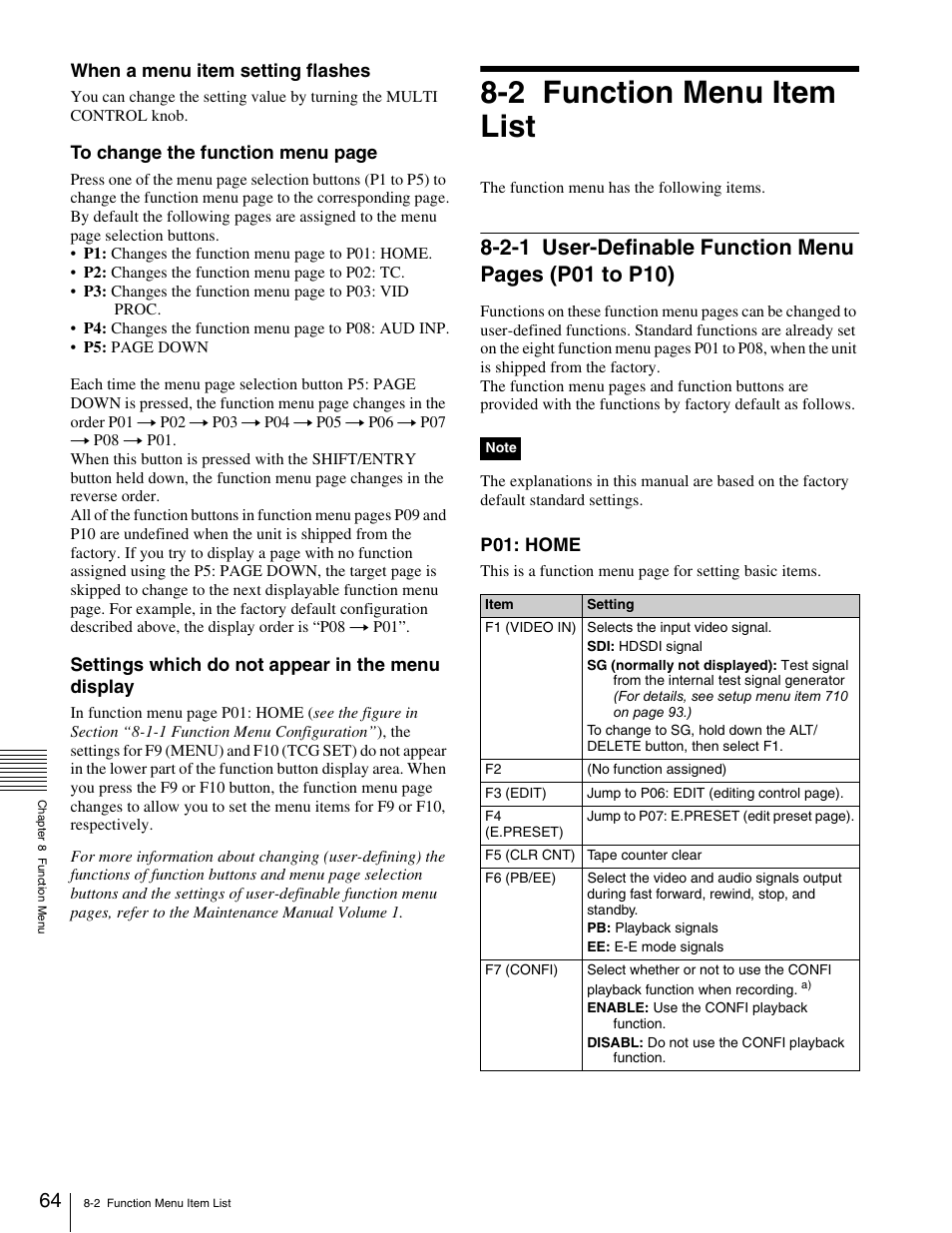 2 function menu item list, P01 to p10), Signal | Sony HDW-1800 User Manual | Page 64 / 119