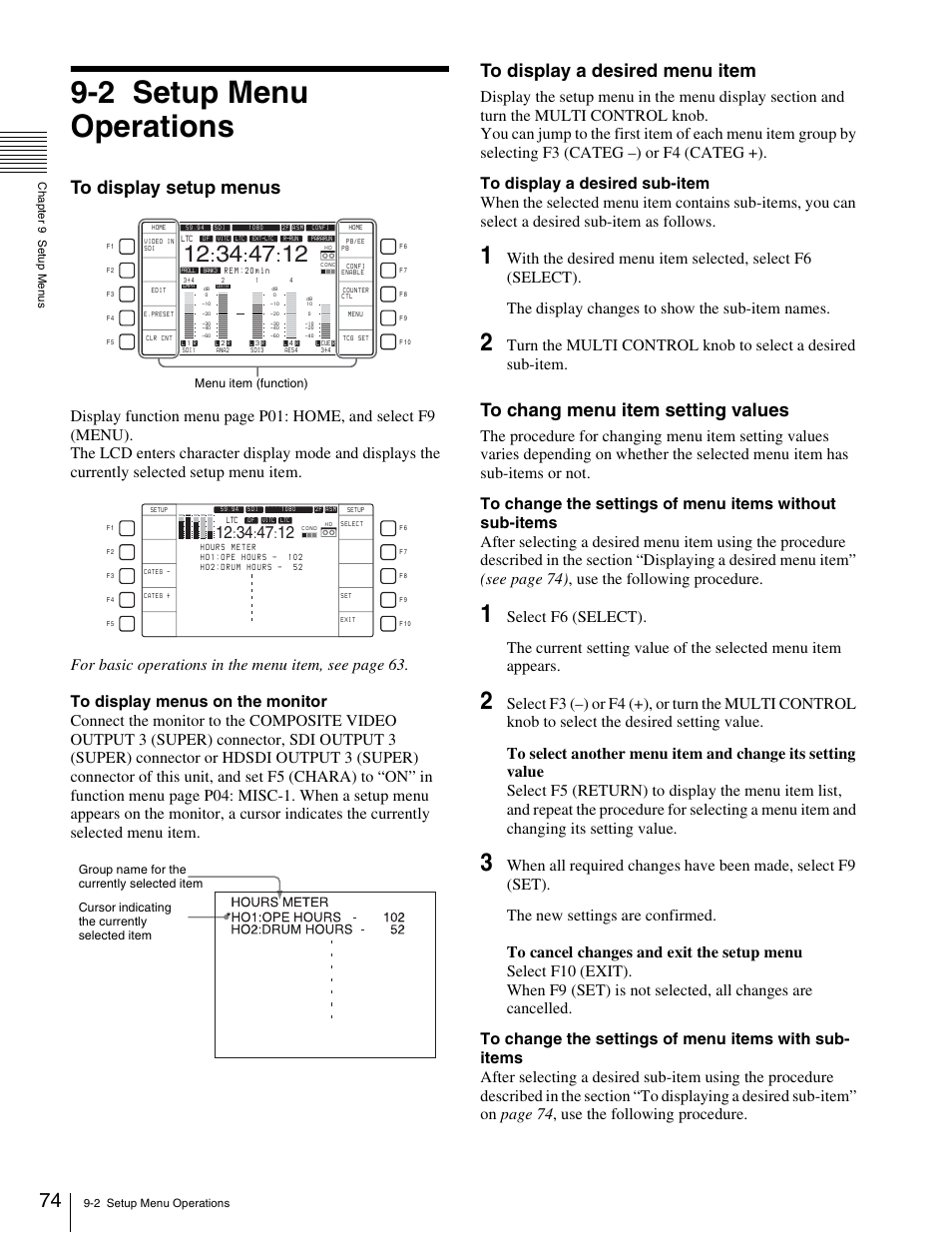 2 setup menu operations | Sony HDW-1800 User Manual | Page 74 / 119