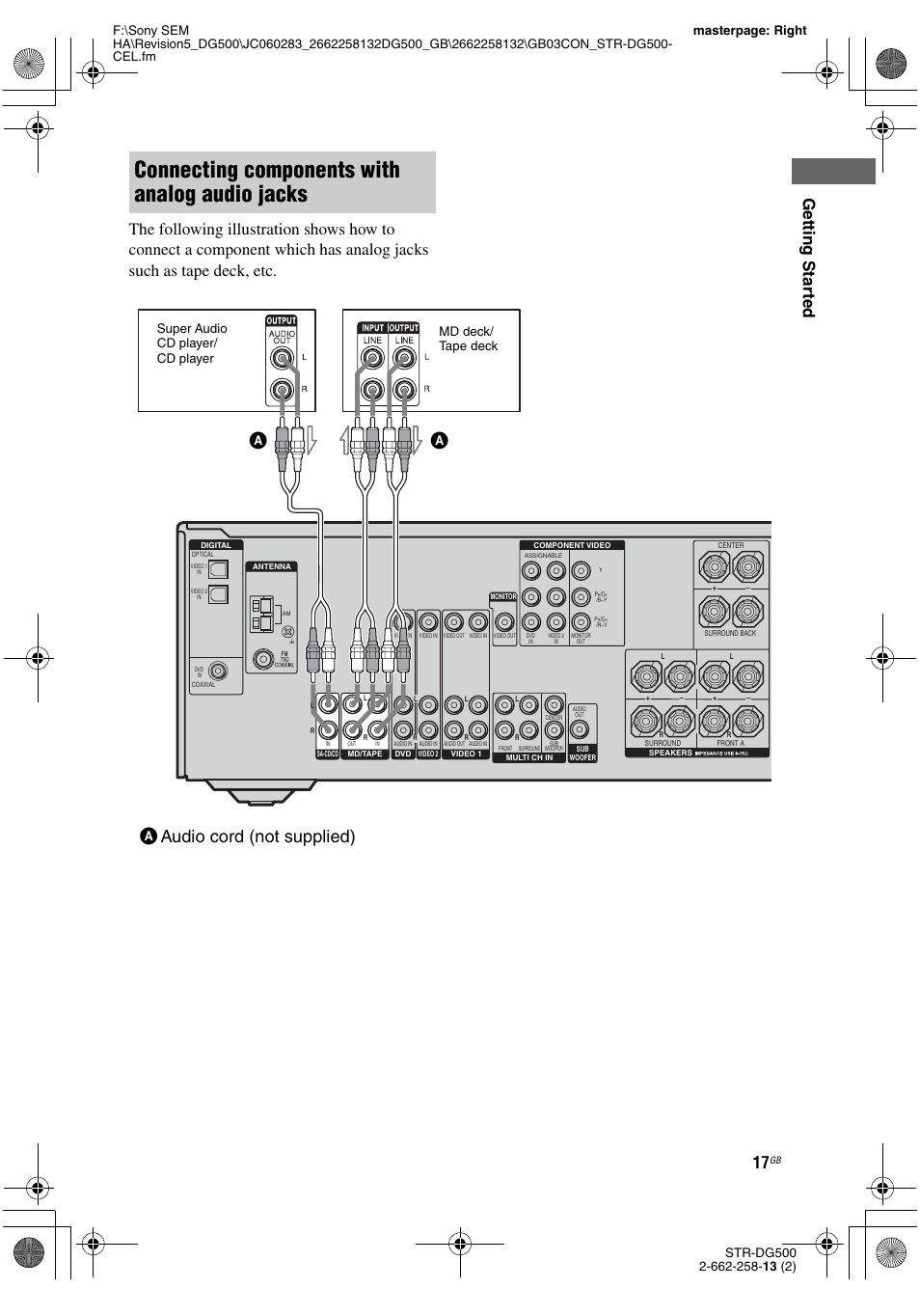 Connecting components with analog audio jacks, Aaudio cord (not supplied) | Sony STR-DG500 User Manual | Page 17 / 76