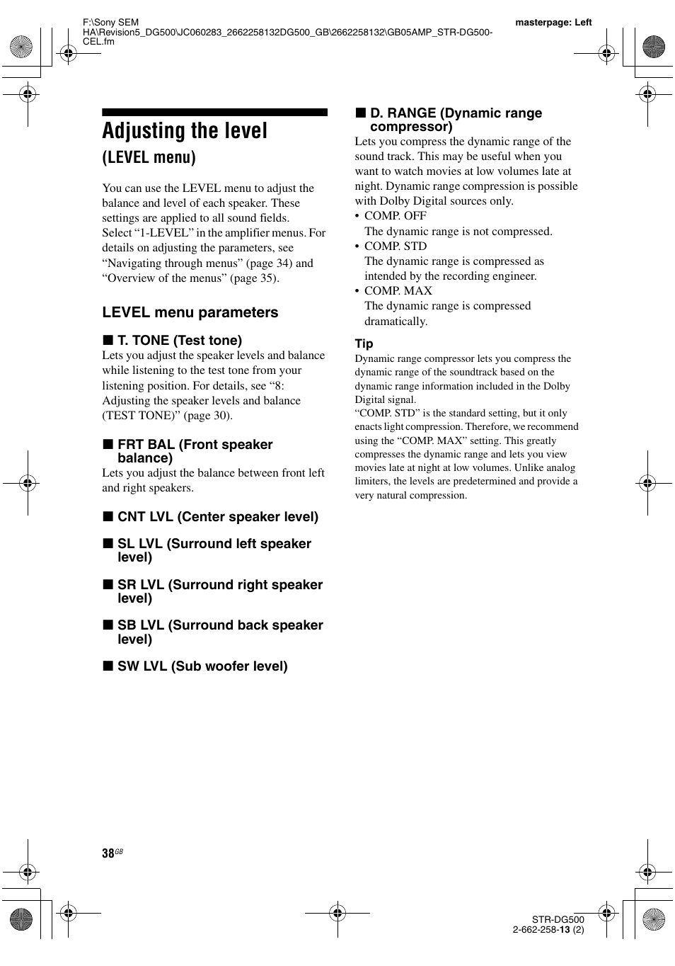 Adjusting the level (level menu), L (38), Adjusting the level | Level menu) | Sony STR-DG500 User Manual | Page 38 / 76