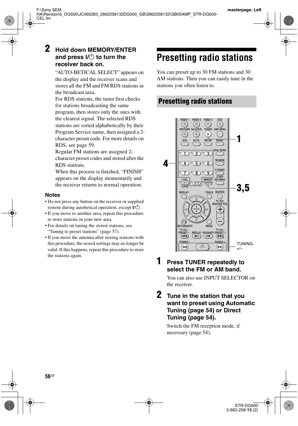 Presetting radio stations, Press tuner repeatedly to select the fm or am band, You can also use input selector on the receiver | Sony STR-DG500 User Manual | Page 56 / 76