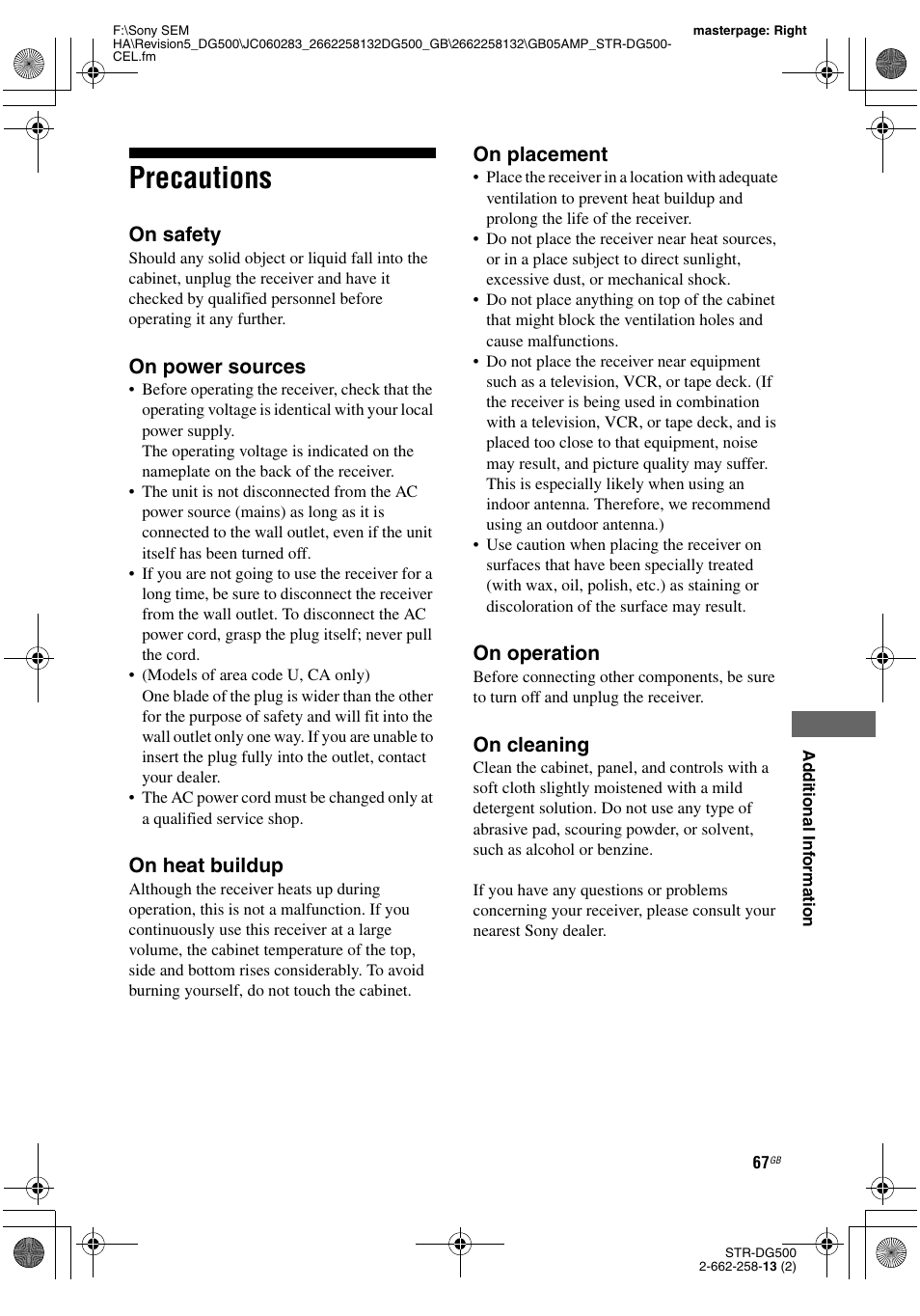 Precautions, On safety, On power sources | On heat buildup, On placement, On operation, On cleaning | Sony STR-DG500 User Manual | Page 67 / 76