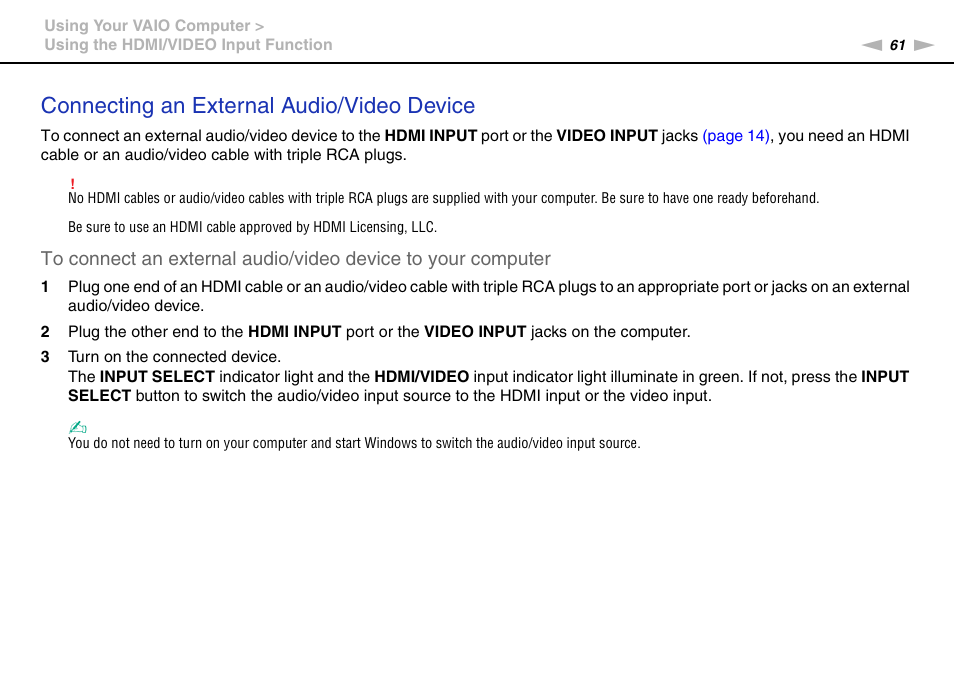 Connecting an external audio/video device | Sony VPCL13 User Manual | Page 61 / 171