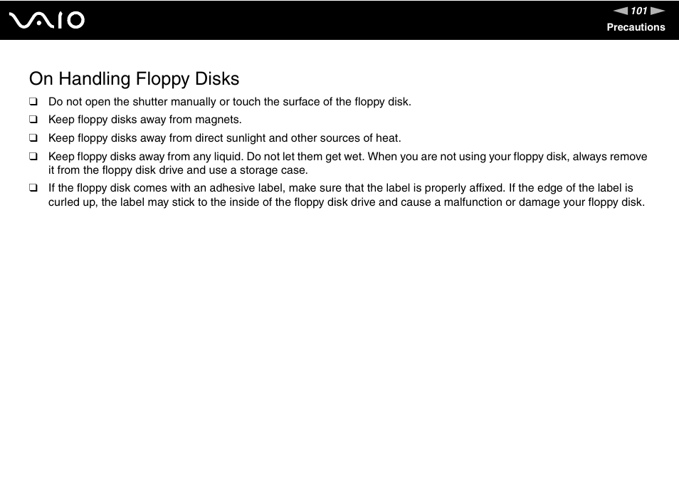 On handling floppy disks | Sony VGN-N100 User Manual | Page 101 / 160