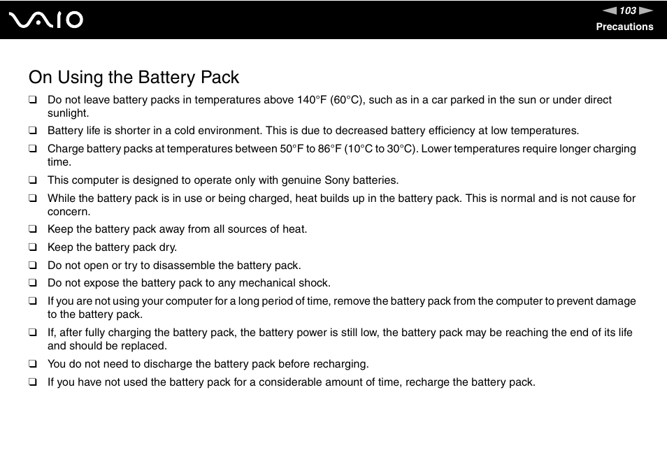 On using the battery pack | Sony VGN-N100 User Manual | Page 103 / 160