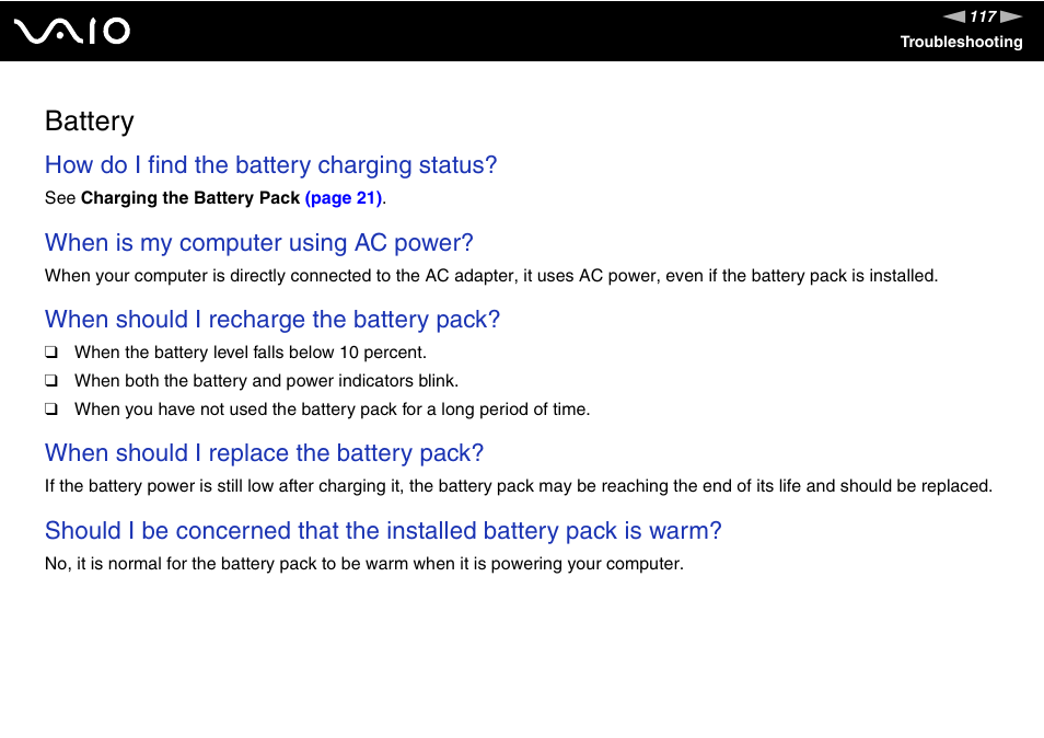 Battery, How do i find the battery charging status, When is my computer using ac power | When should i recharge the battery pack, When should i replace the battery pack | Sony VGN-N100 User Manual | Page 117 / 160