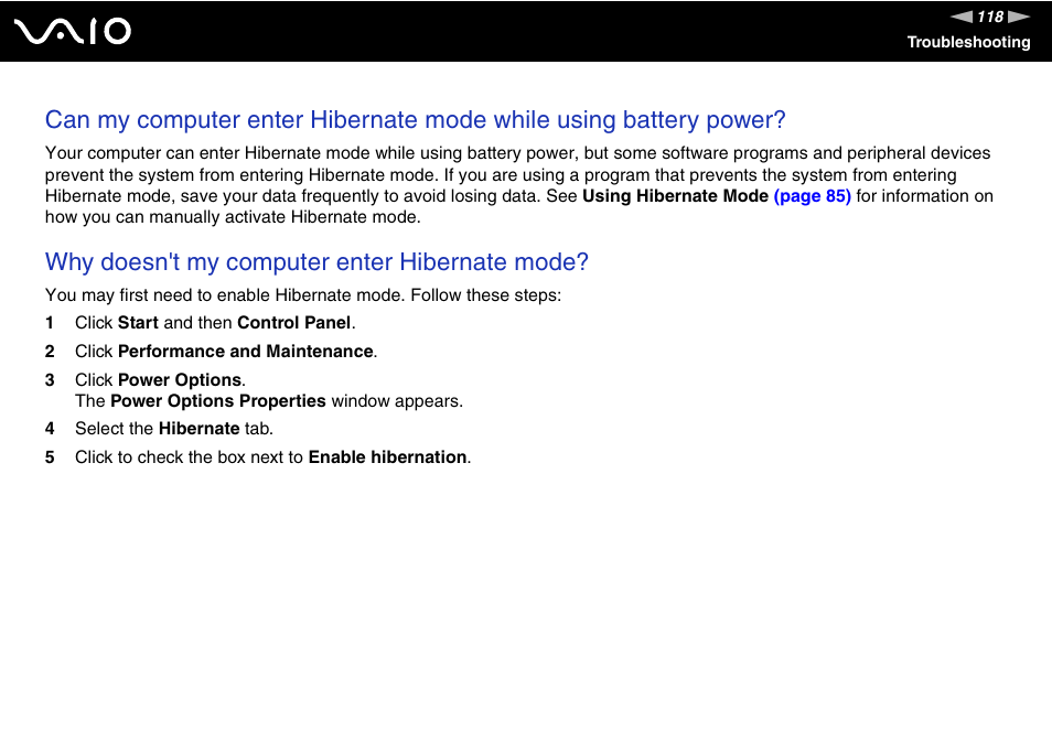 Why doesn't my computer enter hibernate mode | Sony VGN-N100 User Manual | Page 118 / 160