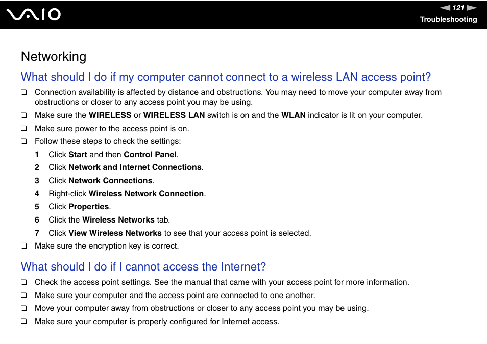 Networking, What should i do if i cannot access the internet | Sony VGN-N100 User Manual | Page 121 / 160