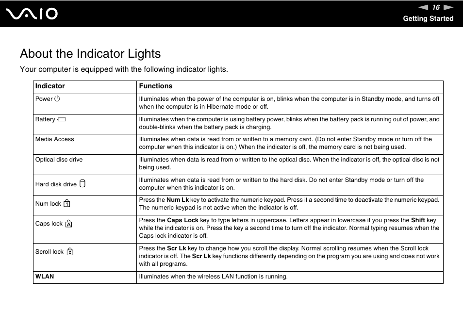 About the indicator lights | Sony VGN-N100 User Manual | Page 16 / 160