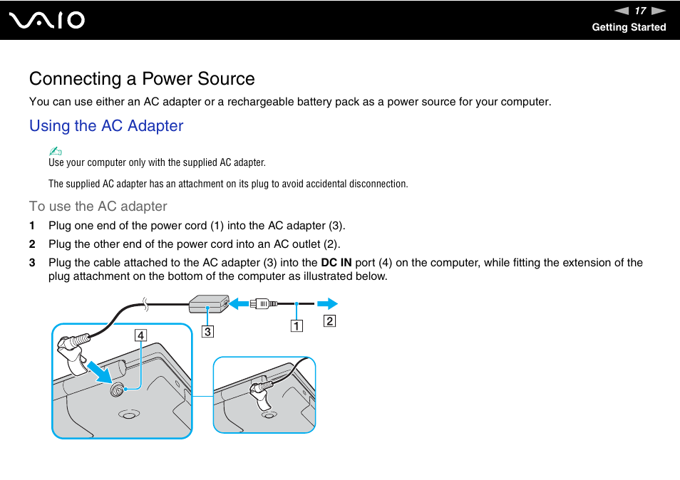 Connecting a power source, Using the ac adapter | Sony VGN-N100 User Manual | Page 17 / 160