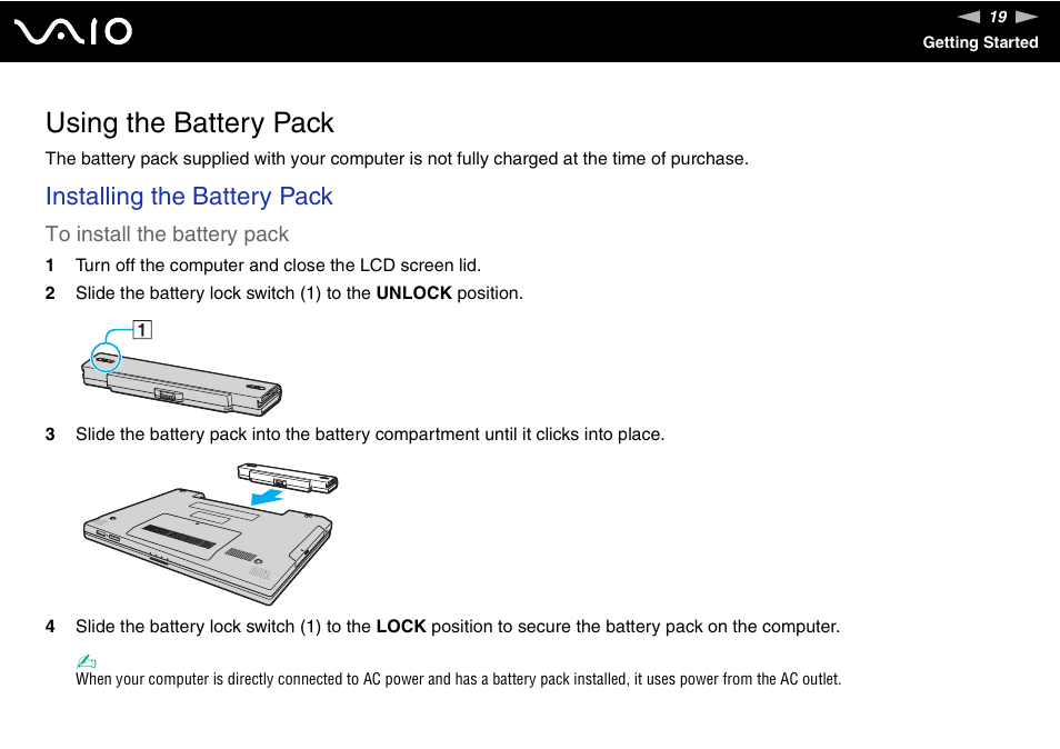 Using the battery pack, Installing the battery pack | Sony VGN-N100 User Manual | Page 19 / 160